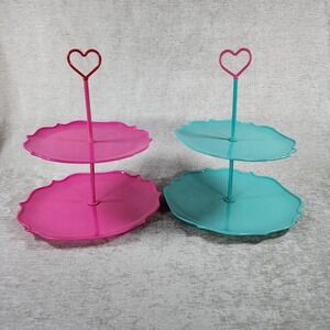 Heart Pink Teal 2 Tiered Dessert Tray Set Of 2 Valentines Wedding Barbie